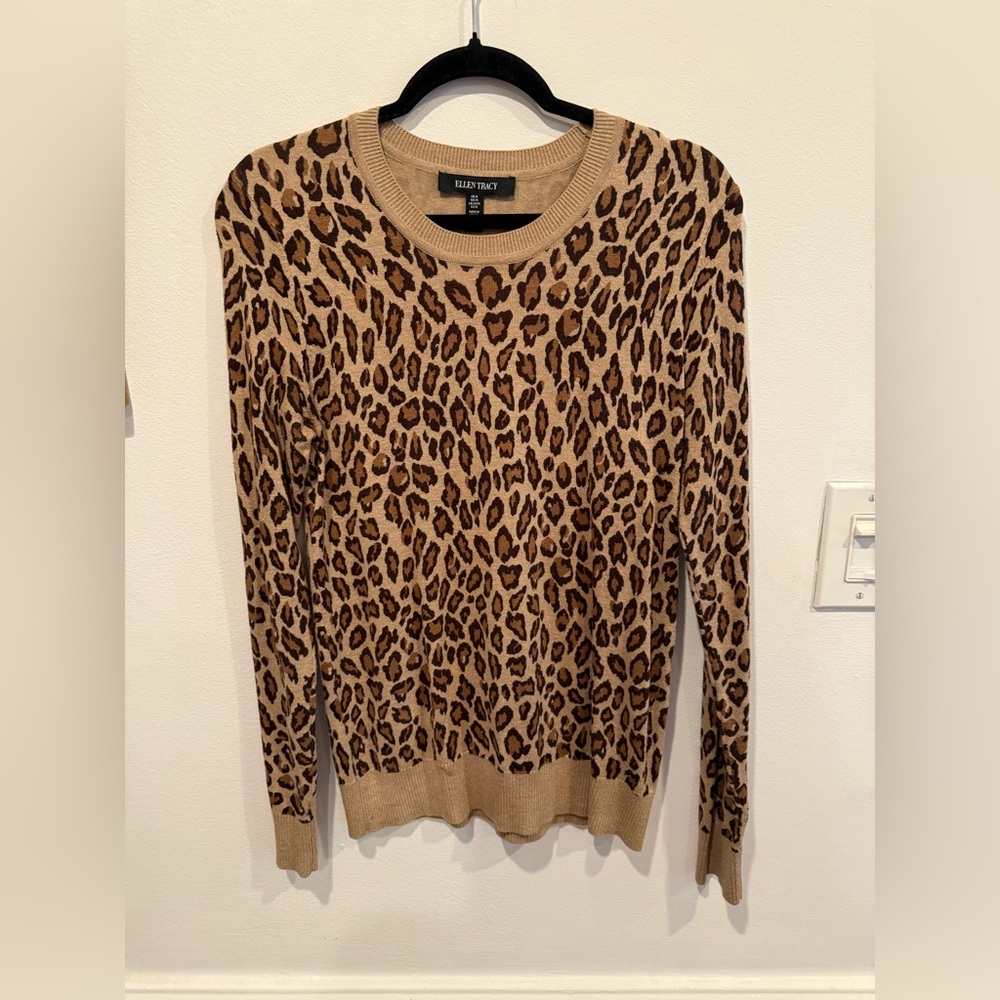Ellen Tracy Leopard Print Crewneck Sweater